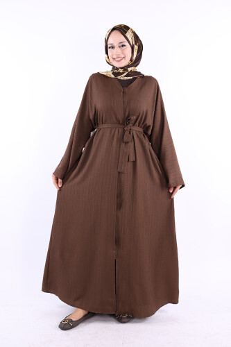Çıt Çıt Düğmeli Bel Kuşaklı Abaya 70017 Kahverengi - 1
