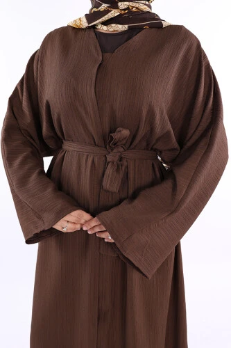 Çıt Çıt Düğmeli Bel Kuşaklı Abaya 70017 Kahverengi - 4