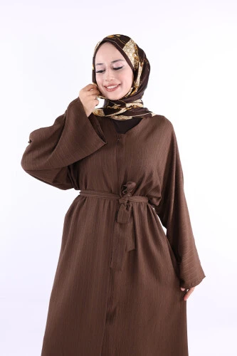 Çıt Çıt Düğmeli Bel Kuşaklı Abaya 70017 Kahverengi - 5