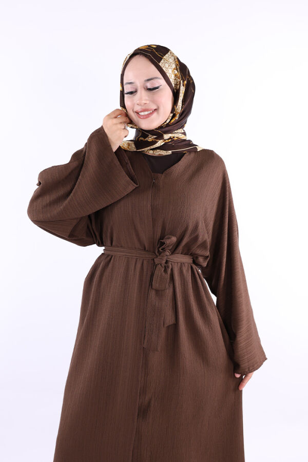 Çıt Çıt Düğmeli Bel Kuşaklı Abaya 70017 Kahverengi - 5