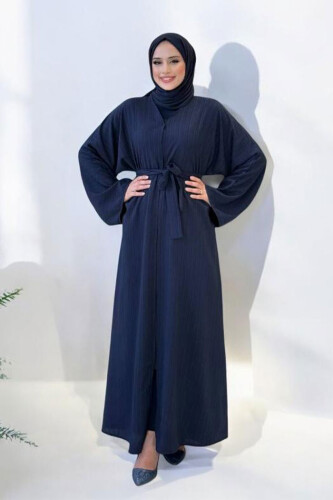 Çıt Çıt Düğmeli Bel Kuşaklı Abaya 70017 Lacivert - 5