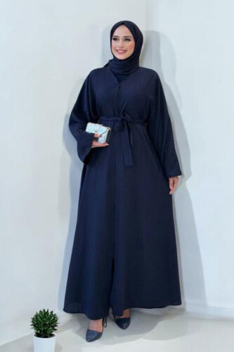 Çıt Çıt Düğmeli Bel Kuşaklı Abaya 70017 Lacivert - 7