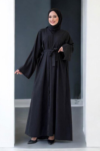 Çıt Çıt Düğmeli Bel Kuşaklı Abaya 70017 Siyah - 5