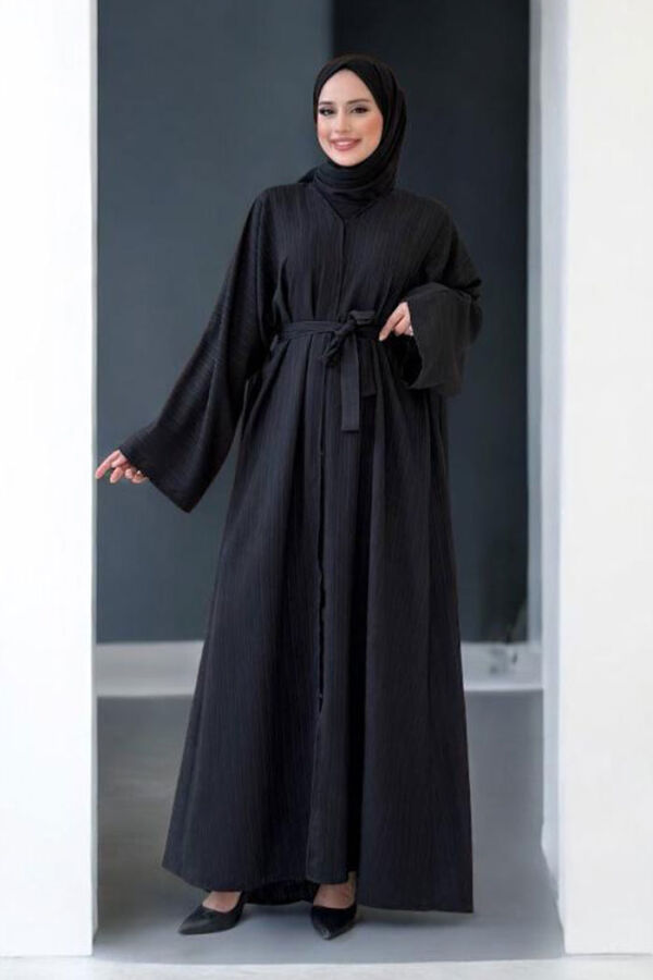 Çıt Çıt Düğmeli Bel Kuşaklı Abaya 70017 Siyah - 5