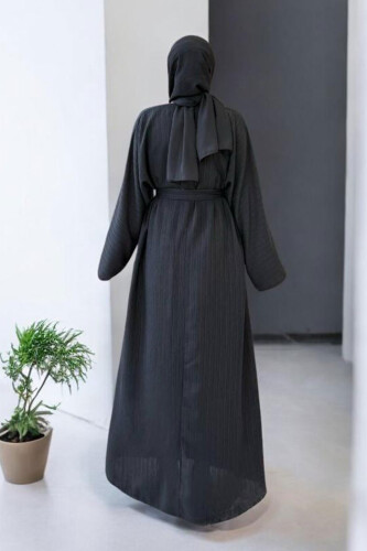 Çıt Çıt Düğmeli Bel Kuşaklı Abaya 70017 Siyah - 6