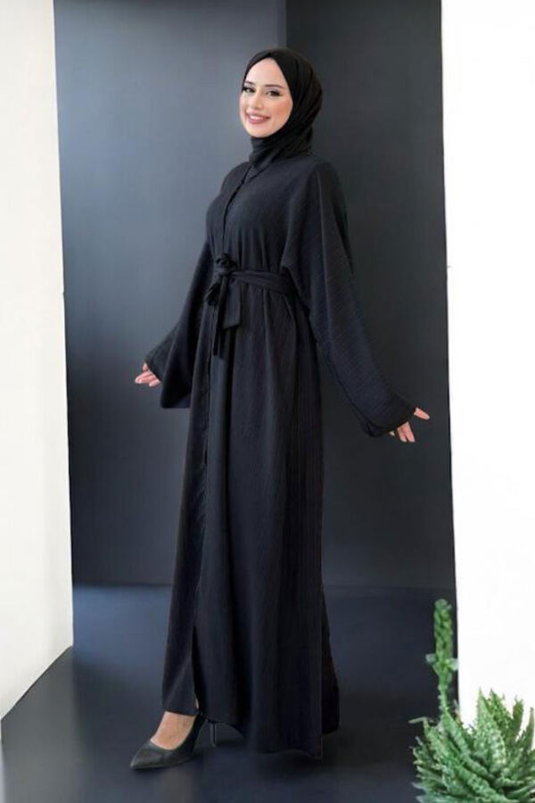 Çıt Çıt Düğmeli Bel Kuşaklı Abaya 70017 Siyah - 7