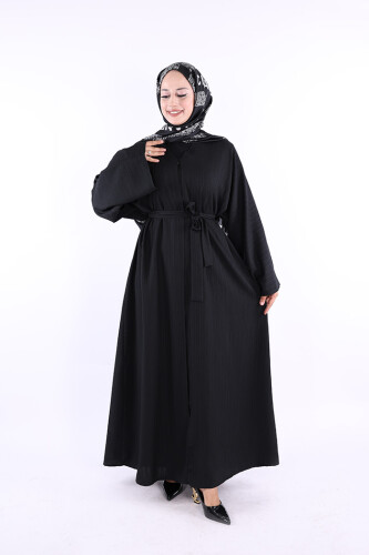 Çıt Çıt Düğmeli Bel Kuşaklı Abaya 70017 Siyah - 1