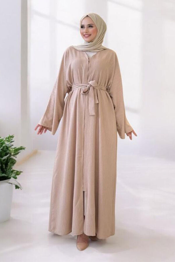 Çıt Çıt Düğmeli Bel Kuşaklı Abaya 70017 Taş - 5