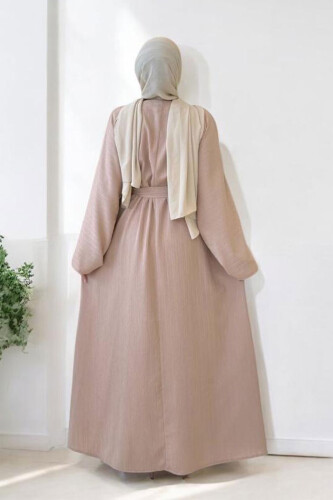 Çıt Çıt Düğmeli Bel Kuşaklı Abaya 70017 Taş - 6