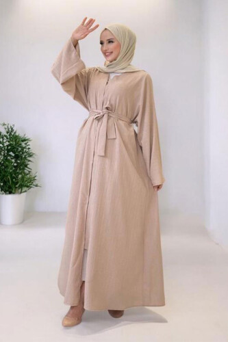 Çıt Çıt Düğmeli Bel Kuşaklı Abaya 70017 Taş - 7