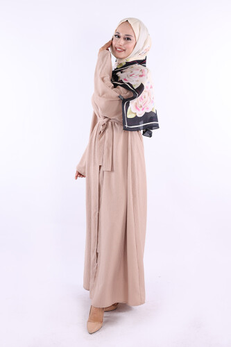 Çıt Çıt Düğmeli Bel Kuşaklı Abaya 70017 Taş - 2