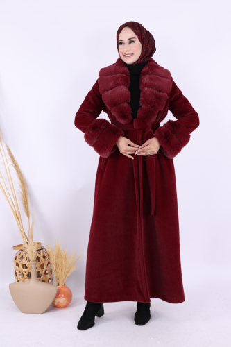 Yaka Kürk Detay Kaban 70029 Bordo - Bym Fashion (1)