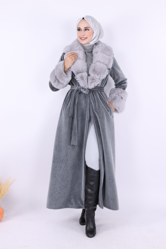 Yaka Kürk Detay Kaban 70029 Gri - Bym Fashion (1)