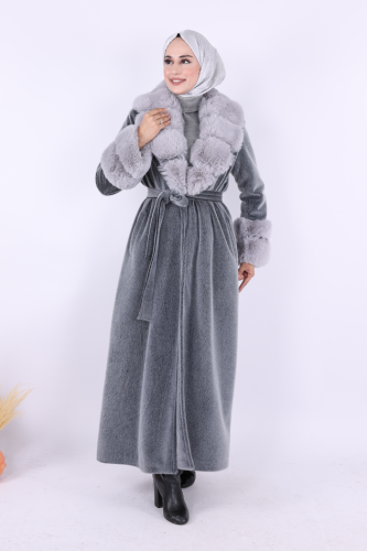 Yaka Kürk Detay Kaban 70029 Gri - Bym Fashion