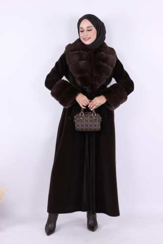 Yaka Kürk Detay Kaban 70029 Koyu Kahve - Bym Fashion (1)