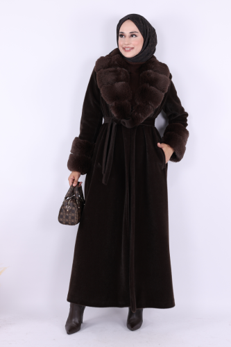 Yaka Kürk Detay Kaban 70029 Koyu Kahve - Bym Fashion