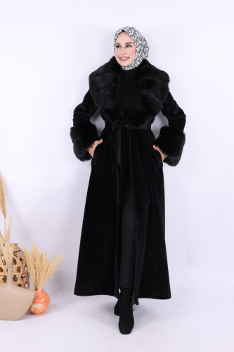 Yaka Kürk Detay Kaban 70029 Siyah - Bym Fashion