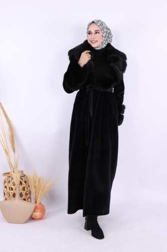 Yaka Kürk Detay Kaban 70029 Siyah - Bym Fashion (1)