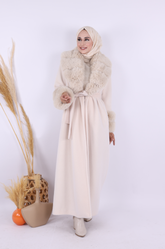 Yaka Kürk Detay Kaban 70029 Taş - Bym Fashion