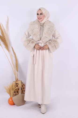 Yaka Kürk Detay Kaban 70029 Taş - Bym Fashion (1)