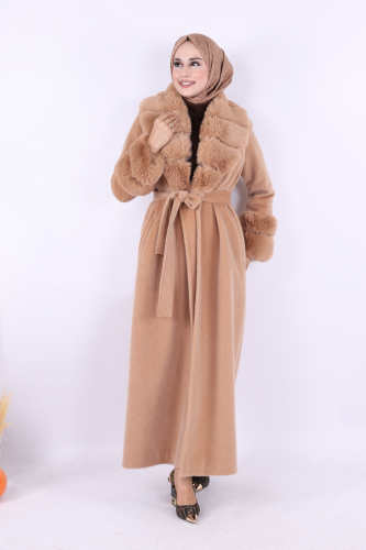 Yaka Kürk Detay Kaban 70029 Vizon - Bym Fashion