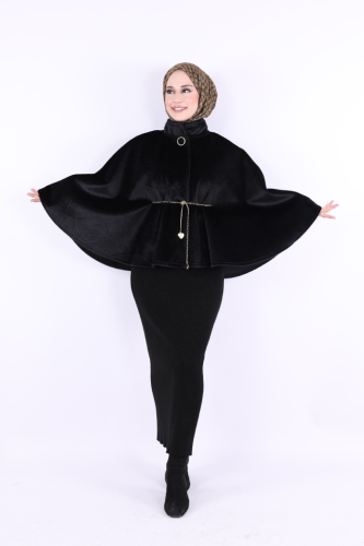 Zincir Kemer Detaylı Panço 70032 Siyah - Bym Fashion