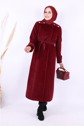 Düğmeli Uzun Kaban 70033 Bordo - Bym Fashion