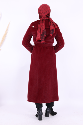 Düğmeli Uzun Kaban 70033 Bordo - 3