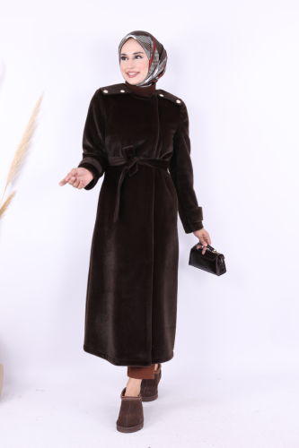 Düğmeli Uzun Kaban 70033 Koyu Kahve - Bym Fashion