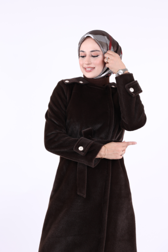Düğmeli Uzun Kaban 70033 Koyu Kahve - 6