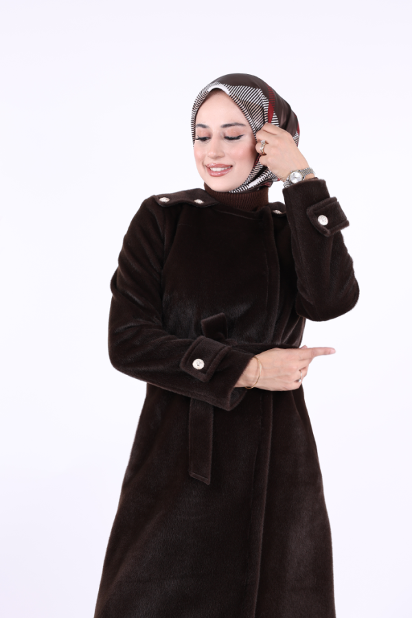 Düğmeli Uzun Kaban 70033 Koyu Kahve - 6