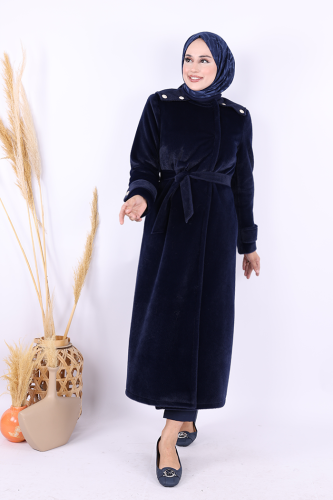 Düğmeli Uzun Kaban 70033 Lacivert - Bym Fashion