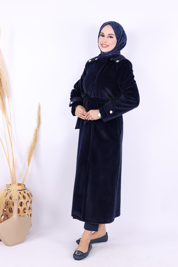 Düğmeli Uzun Kaban 70033 Lacivert - 3