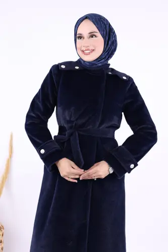 Düğmeli Uzun Kaban 70033 Lacivert - 5