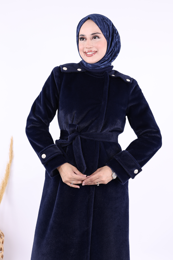 Düğmeli Uzun Kaban 70033 Lacivert - 5