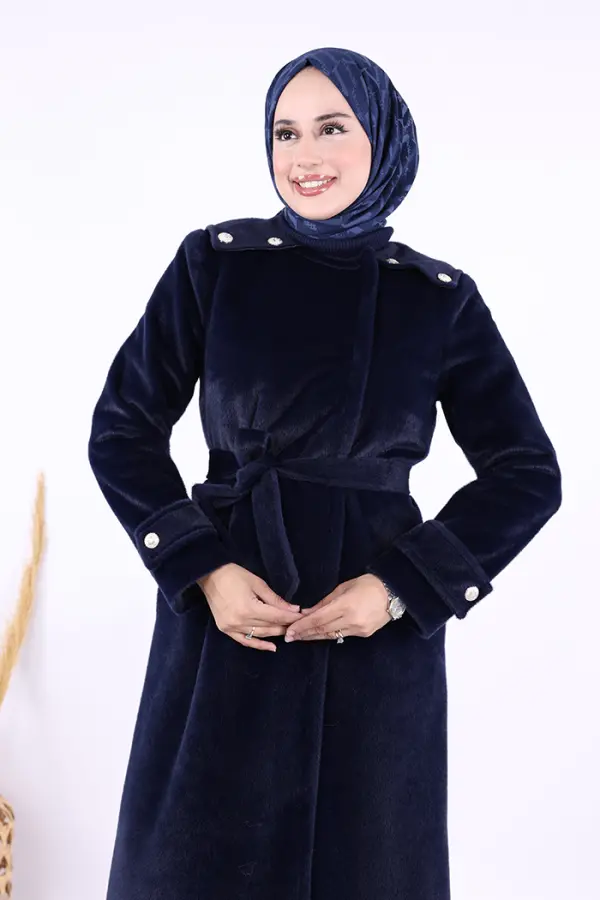 Düğmeli Uzun Kaban 70033 Lacivert - 5