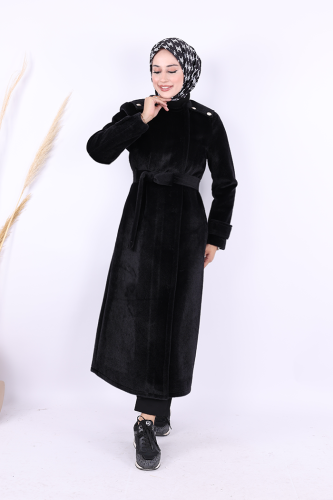 Düğmeli Uzun Kaban 70033 Siyah - Bym Fashion