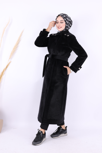 Düğmeli Uzun Kaban 70033 Siyah - Bym Fashion (1)