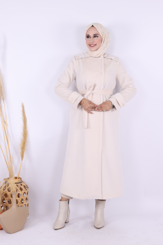 Düğmeli Uzun Kaban 70033 Taş - Bym Fashion