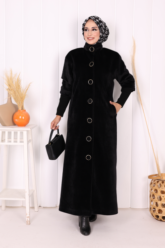Düğme Detaylı Uzun Kaban 70048 Siyah - Bym Fashion