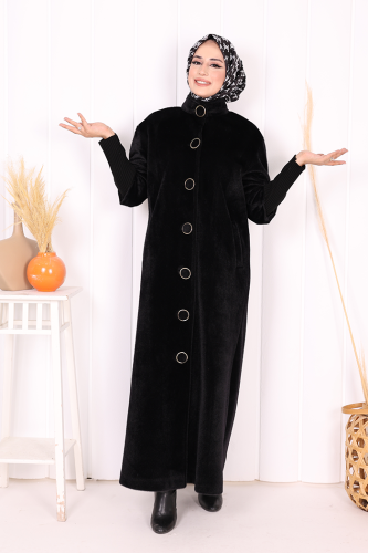 Düğme Detaylı Uzun Kaban 70048 Siyah - Bym Fashion (1)