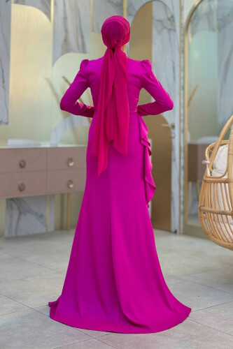 Fırfır Detaylı Abiye Elbise 7011 Fuşya - Bym Fashion (1)