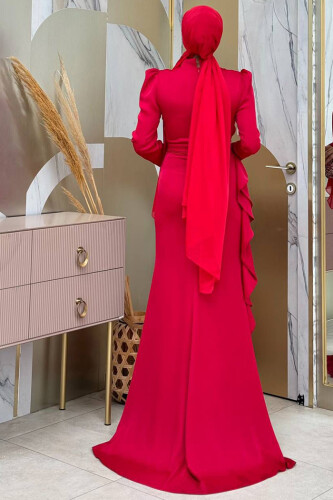 Fırfır Detaylı Abiye Elbise 7011 Kırmızı - Bym Fashion (1)