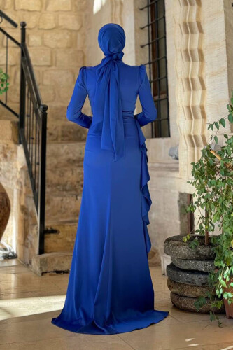 Fırfır Detaylı Abiye Elbise 7011 Saks - Bym Fashion (1)