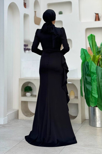Fırfır Detaylı Abiye Elbise 7011 Siyah - Bym Fashion (1)