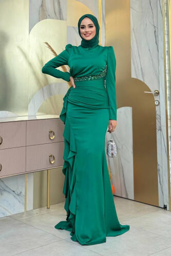 Fırfır Detaylı Abiye Elbise 7011 Zümrüt - Bym Fashion