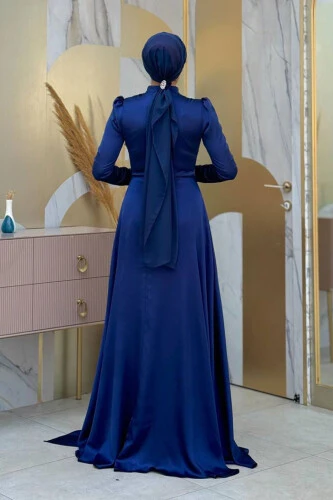 Saten Taş Detaylı Abiye 7016 Lacivert - Bym Fashion (1)