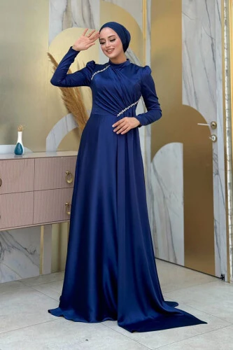 Saten Taş Detaylı Abiye 7016 Lacivert - 1