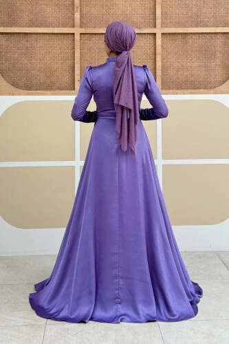 Saten Taş Detaylı Abiye 7016 Lila - Bym Fashion (1)