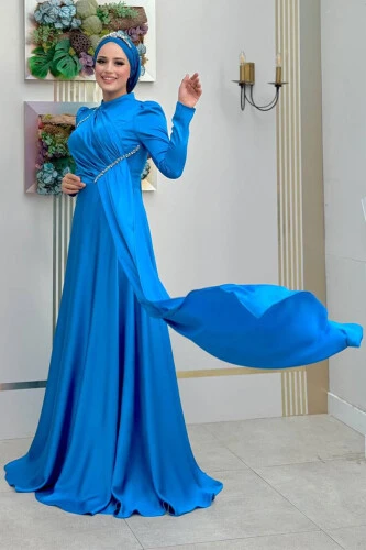 Saten Taş Detaylı Abiye 7016 Mavi - Bym Fashion (1)